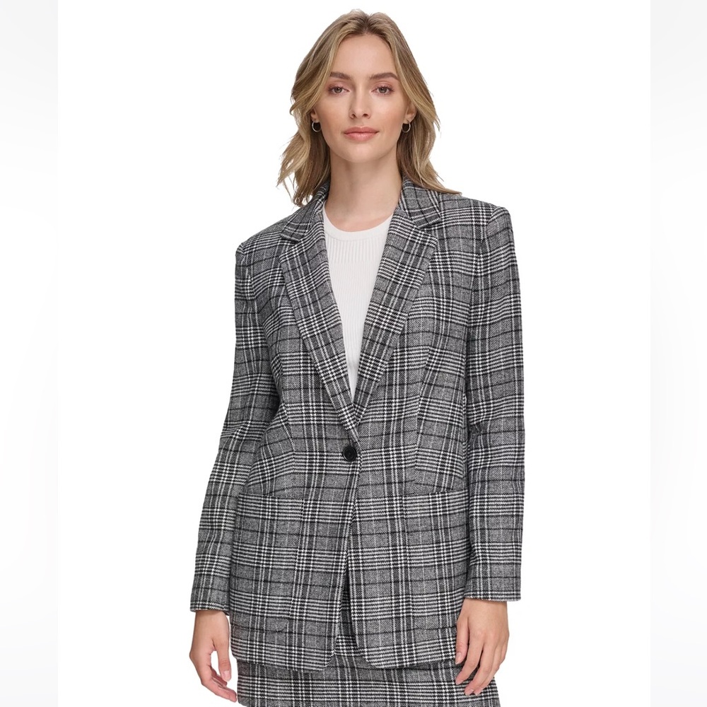 CALVIN KLEIN Women's X-Fit Plaid One-Button Blazer Black and White Size 14